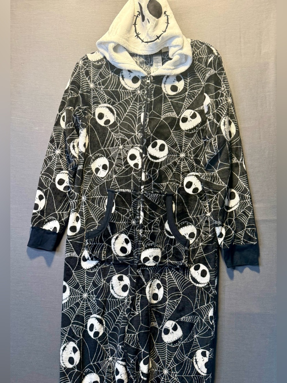 Disney Black & White Jack Skellington Hooded One-Piece Pajamas. Size Large